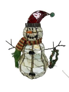VTG Crack Mosaic Glass Lighted SNOWMAN Tabletop Lamp Figurine Christmas Decor